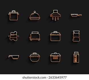 Set line Frying pan, Cooking pot, Slow cooker, Paper package for milk, Toaster, Coffee turk and  icon. Vector