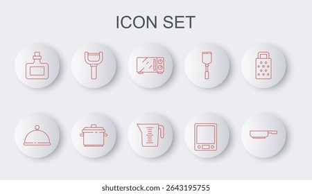 Set line Frying pan, Covered with tray, Microwave oven, Electronic scales, Sauce bottle, Peeler, Cooking pot and Measuring cup icon. Vector