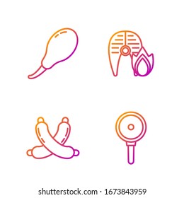 Set line Frying pan, Crossed sausage, Chicken leg and Grilled fish steak and fire flame. Gradient color icons. Vector