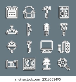 Set line Frying pan, Electric extension, Paint brush, Hammer, Knife, Hanger wardrobe, Oven and Light bulb icon. Vector