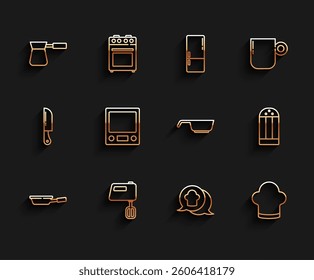 Set line Frying pan, Electric mixer, Coffee turk, Chef hat speech bubble, Electronic scales, Salt and  icon. Vector