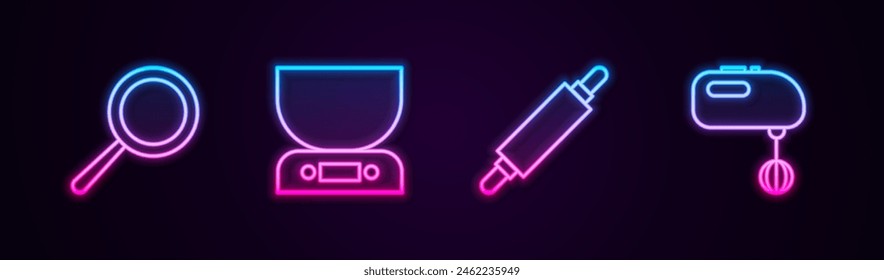 Set line Frying pan, Electronic scales, Rolling pin and Electric mixer. Glowing neon icon. Vector
