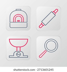 Set line Frying pan, Electronic scales, Rolling pin and Oven icon. Vector