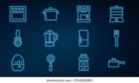 Set line Frying pan, Fork, Coffee machine, Teapot, Pizza knife, Oven, Refrigerator and Cooking icon. Vector