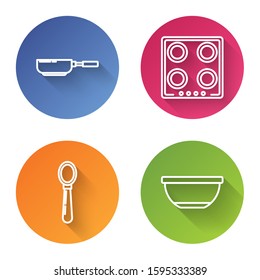 Set line Frying pan , Gas stove , Spoon  and Bowl . Color circle button. Vector