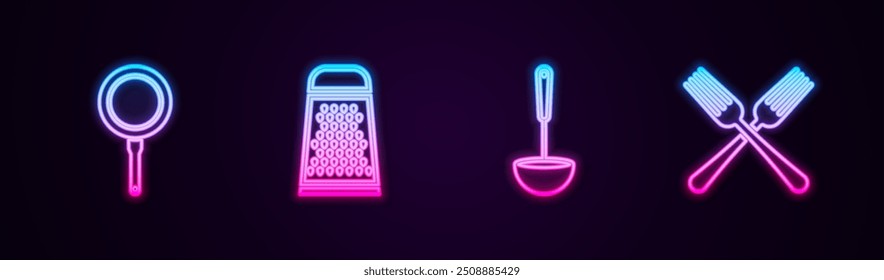 Set line Frying pan, Grater, Kitchen ladle and Crossed fork. Glowing neon icon. Vector