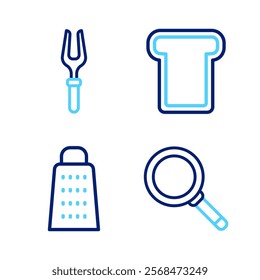 Set line Frying pan, Grater, Bread toast and Barbecue fork icon. Vector