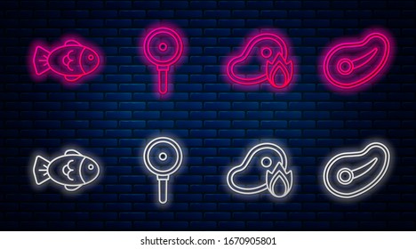 Set line Frying pan, Grilled steak meat and fire flame, Fish and Steak meat. Glowing neon icon on brick wall. Vector