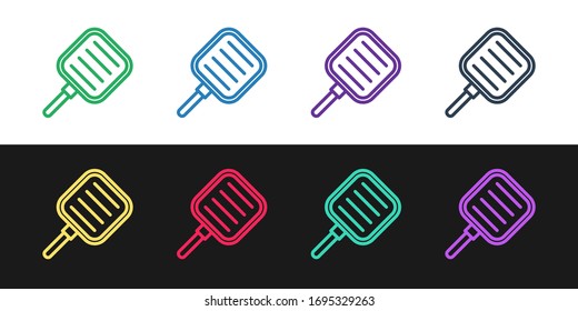 Ajuste el icono de la sartén de línea aislado en fondo blanco y negro. Símbolo de comida frita o asada. Ilustración vectorial