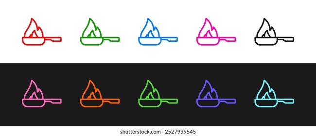 Set line Frying pan icon isolated on black and white background. Fry or roast food symbol.  Vector