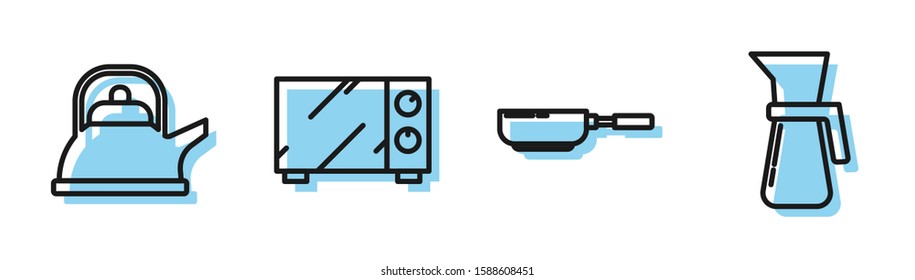 Set line Frying pan , Kettle with handle , Microwave oven  and Measuring cup icon. Vector