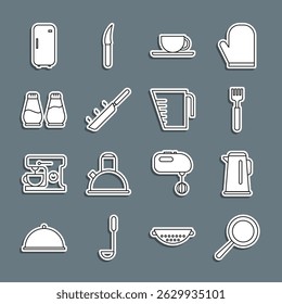 Set line Frying pan, Kettle with handle, Fork, Coffee cup, Salt pepper, Refrigerator and Measuring icon. Vector