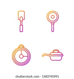 Set line Frying pan , Kitchen timer , Spatula  and Frying pan . Gradient color icons. Vector