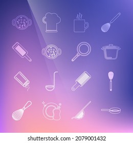 Ponga la línea de sartén, whisky de cocina, olla de cocina, taza de café, sopa, Grater e icono. Vector