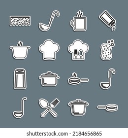 Set line Frying pan, Kitchen ladle, Sponge with bubbles, Coffee cup, Chef hat, Cooking pot,  and fork and spoon icon. Vector