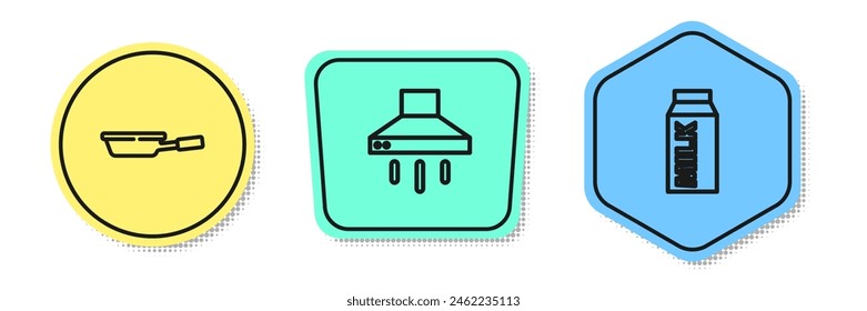 Set line Frying pan, Kitchen extractor fan and Paper package for milk. Colored shapes. Vector