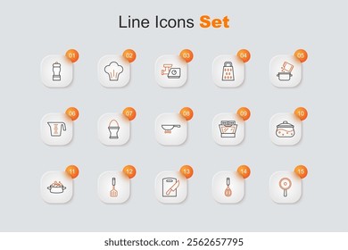 Set line Frying pan, Kitchen whisk, Cutting board and knife, Spatula, Cooking pot, Oven and on fire icon. Vector