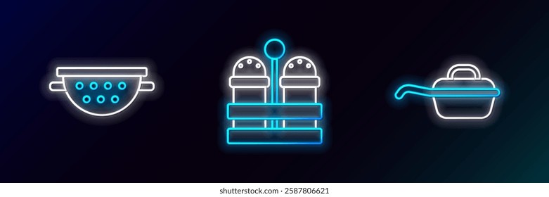 Set line Frying pan, Kitchen colander and Salt pepper icon. Glowing neon. Vector