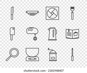 Set line Frying pan, Knife sharpener, Ventilation, Electronic scales, Bread knife, Electric mixer, Manual coffee grinder and Cookbook icon. Vector