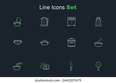 Set line Frying pan, Knife, Kitchen meat grinder, Asian noodles bowl, Cooking whisk with, Slow cooker, pot and colander icon. Vector