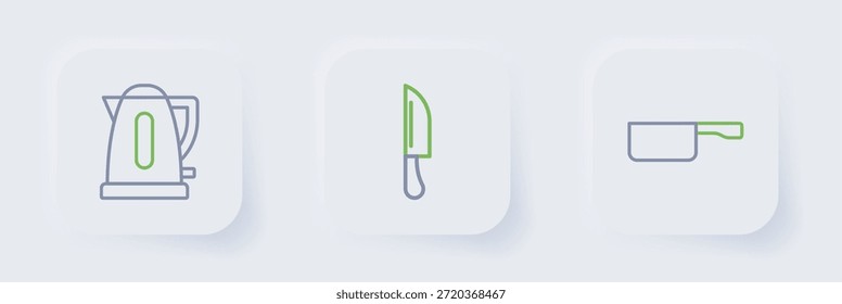Set line Sartén, cuchillo y hervidor eléctrico icono. Vector