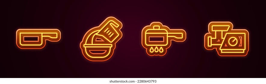 Bratpfanne, Messbecher und Schüssel, Kochtopf auf Feuer und Küchenfleischmaschine. Leuchtendes Neonsymbol. Vektorgrafik