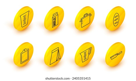 Fijar la cacerola de fritura, la taza de medición, la bolsa de los granos de café, la tabla de corte, la hoja de pan, la olla de cocina, el paquete de papel para la leche y el icono. Vector