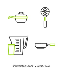 Set line Frying pan, Measuring cup, Spatula and  icon. Vector