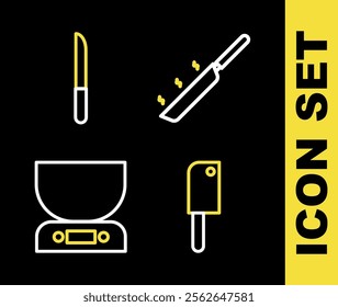 Set line Frying pan, Meat chopper, Electronic scales and Knife icon. Vector