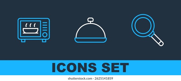 Set linha Frigideira, forno de micro-ondas e coberto com bandeja de ícone de comida. Vetor