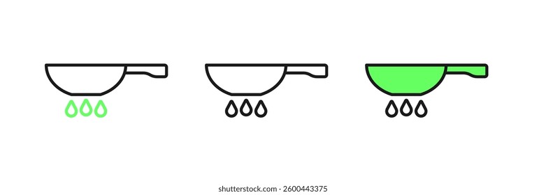 Set line Frying pan on fire icon isolated on white background. Fry or roast food symbol.  Vector