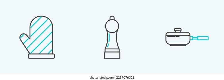Set line Frying pan, Oven glove and Pepper icon. Vector