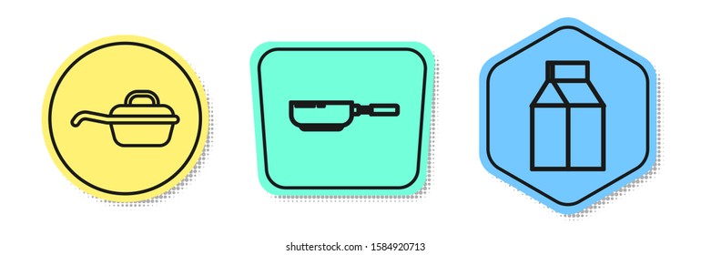 Set line Frying pan , Frying pan  and Paper package for milk . Colored shapes. Vector