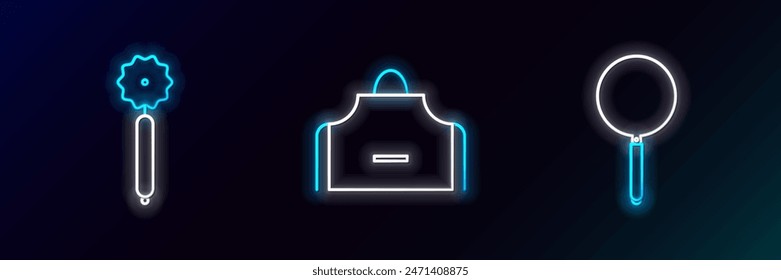 Set line Frying pan, Pizza knife and Kitchen apron icon. Glowing neon. Vector