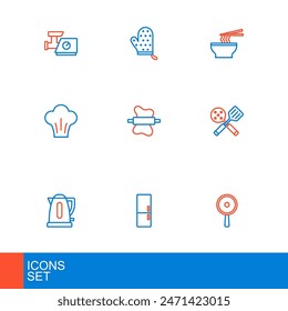 Set line Sartén, Frigorífico, Hervidor eléctrico, Espátula, Sombrero de chef, Pasador sobre masa, Tazón de fideos asiáticos e icono de guante de horno. Vector