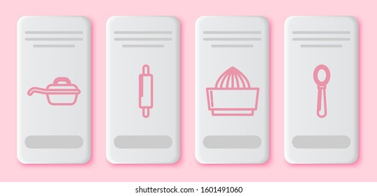 Set line Frying pan , Rolling pin , Citrus fruit juicer  and Spoon . White rectangle button. Vector