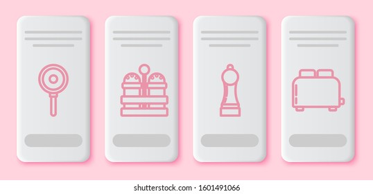 Set line Frying pan , Salt and pepper , Pepper  and Toaster with toasts . White rectangle button. Vector