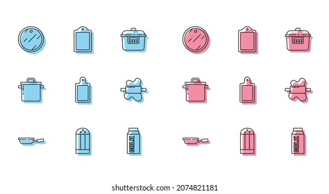 Set line Frying pan, Salt, Cutting board, Paper package for milk, Rolling pin on dough, Cooking pot and  icon. Vector
