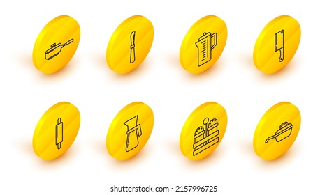 Fijar línea de sartén, sal y pimienta, taza de medida, rodillo, helicóptero de carne, tetera, cuchillo e icono. Vector