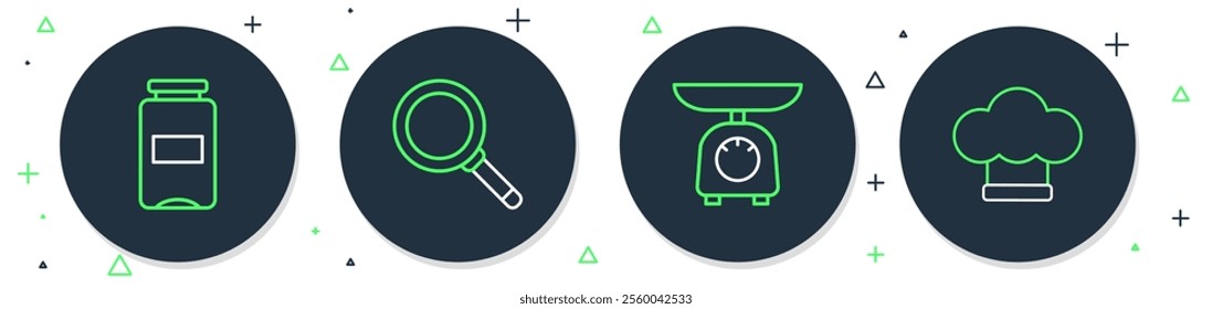 Set line Frying pan, Scales, Jam jar and Chef hat icon. Vector