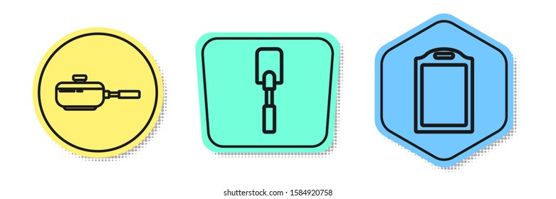 Set line Frying pan , Spatula  and Cutting board . Colored shapes. Vector