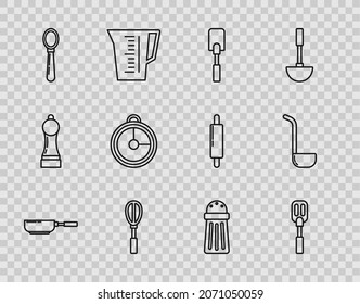 Set line Frying pan, Spatula, Kitchen whisk, Spoon, timer, Salt and ladle icon. Vector