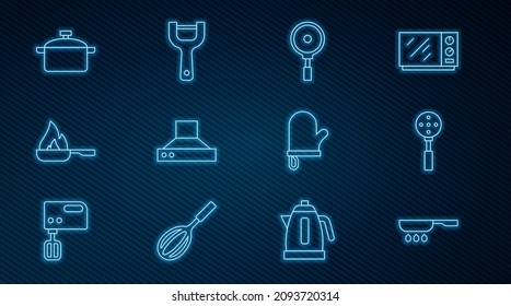 Set line Frying pan, Spatula, Kitchen extractor fan, Cooking pot, Oven glove and Vegetable peeler icon. Vector
