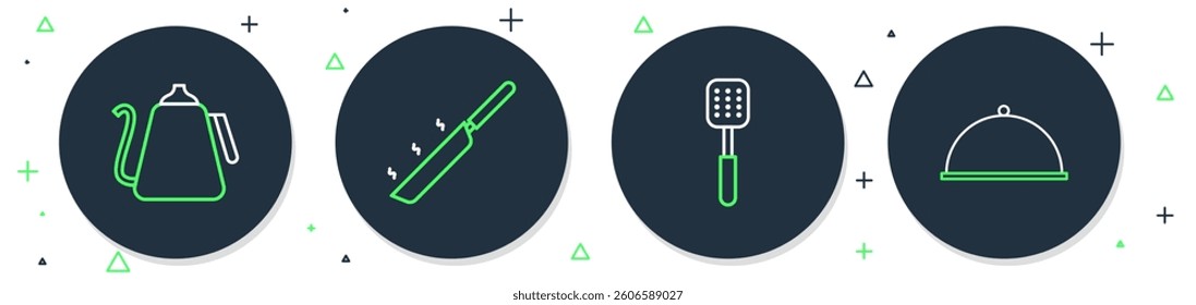 Set line Frying pan, Spatula, Kettle with handle and Covered tray icon. Vector