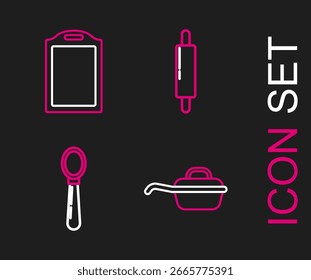 Set line Frying pan, Spoon, Rolling pin and Cutting board icon. Vector