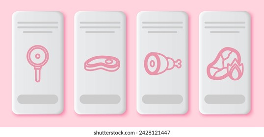 Set line Frying pan, Steak meat, Chicken leg and Grilled steak meat and fire flame. White rectangle button. Vector
