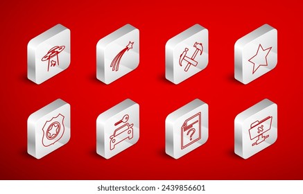 Set line FTP cancel operation, Falling star, Two crossed hammers, Star, Unknown document, UFO abducts cow, Car rental and Police badge icon. Vector