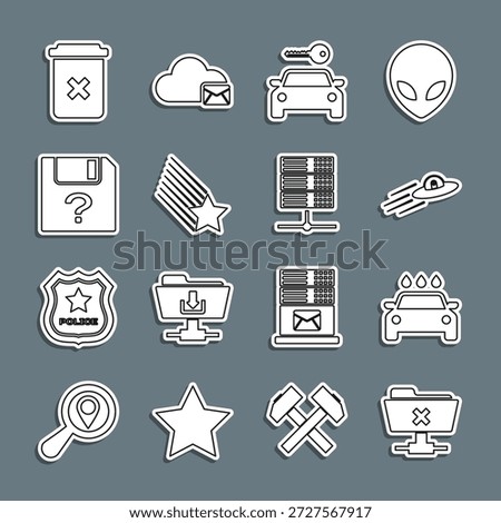 Set line FTP cancel operation, Car wash, UFO flying spaceship and alien, rental, Falling star, Unknown document, Trash and Server, Data, Web Hosting icon. Vector