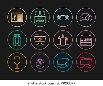 Set line FTP folder download, Calendar, Cars, sync refresh, Bottles of wine, Music book with note, Burning candles and box icon. Vector