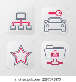 Set line FTP folder download, Star, Car rental and Computer network icon. Vector